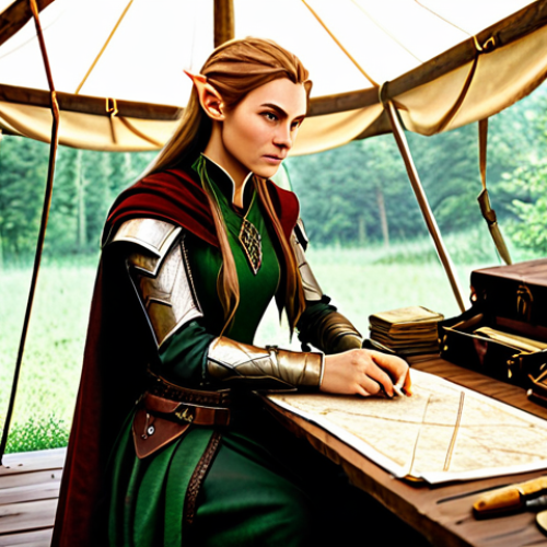 Home 4 **
"A diligent, fully clothed, professional-looking elven resource manager meticulously planning resource routes on a detailed map in a sunlit, organized command tent. The tent is filled with scrolls, maps, and logistical charts. She wears practical, modest leather armor and carries a satchel of tools. Safe for work, appropriate content, perfect anatomy, natural proportions, professional, family-friendly, well-formed hands, proper finger count."
**