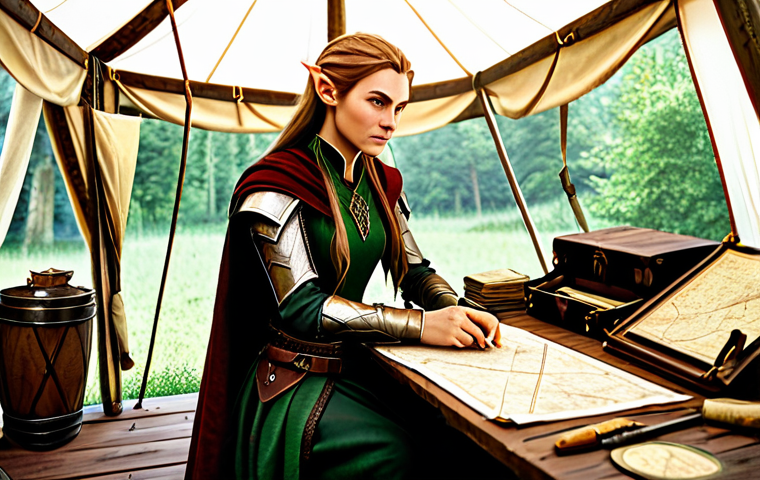 **

"A diligent, fully clothed, professional-looking elven resource manager meticulously planning resource routes on a detailed map in a sunlit, organized command tent. The tent is filled with scrolls, maps, and logistical charts.  She wears practical, modest leather armor and carries a satchel of tools. Safe for work, appropriate content, perfect anatomy, natural proportions, professional, family-friendly, well-formed hands, proper finger count."

**